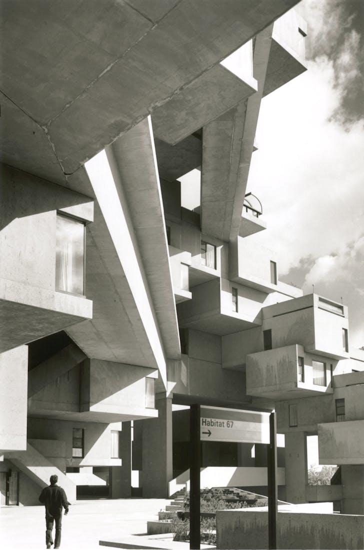 Habitat 67: pedestrian view from below. Credit: Jerry Spearman courtesy of Safdie Architects