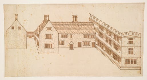 John Smythson, Design for a house with a castellated wing, perspective view. 1600. © RIBA Collections.