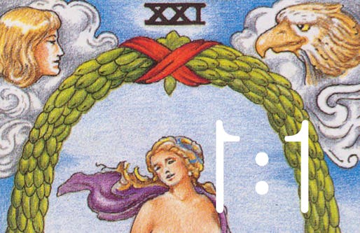 Featured tarot card: "The World" from a Rider Waite Smith deck.