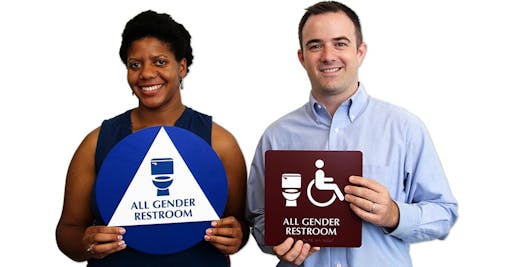 Sam Killermann (right) designed this all gender restroom sign, which is uncopyrighted and available (sometimes freely) from the company My Door Sign. Credit: Sam Killermann